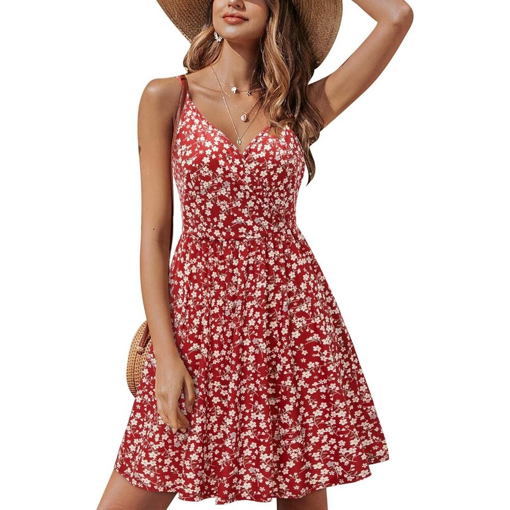Womens' 2024 V Neck Floral/Solid Spaghetti Strap Summer Casual Swing Sundress